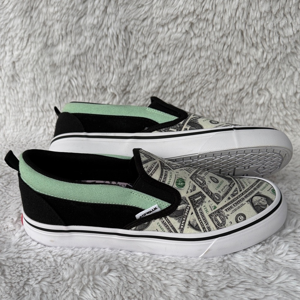 Vans Black and Green Money Print Slip-Ons
